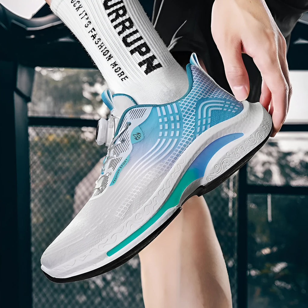 Men's white and blue mesh sneakers with a rotating buckle closure and rubber sole.