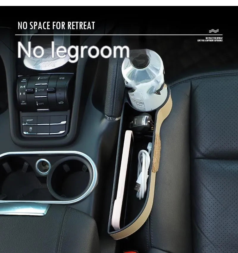 PU leather car seat gap storage box hanging between vehicle seats for small item organisation.