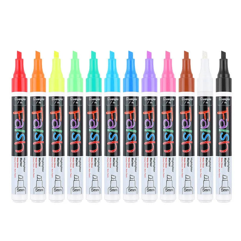Electronic fluorescent highlighter pen with oblique chisel tip on card packaging, showing 8 colour or 12 colour refill options.