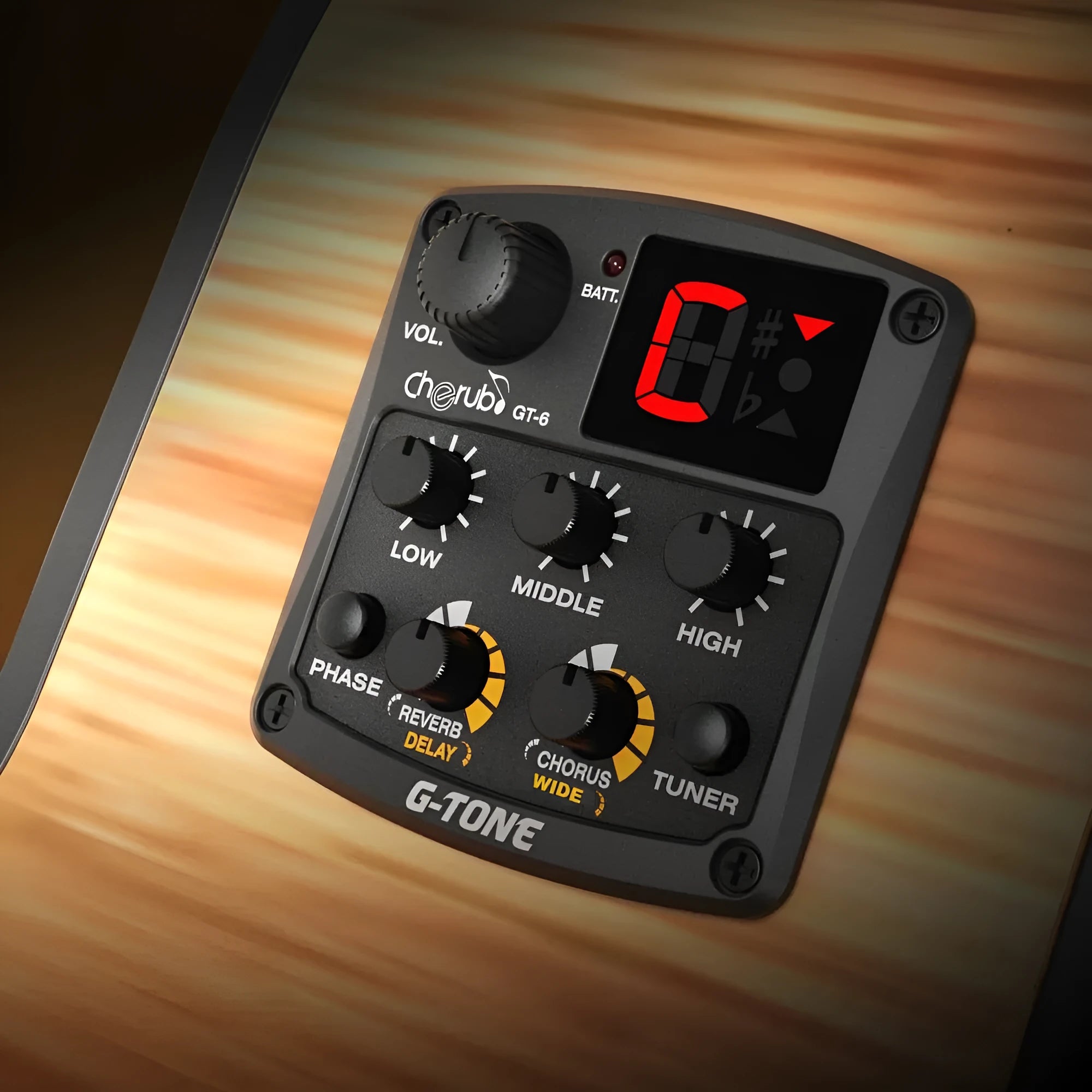 Cherub GT-6 black acoustic guitar EQ pickup unit with control knobs for 3-band EQ and built-in effects.