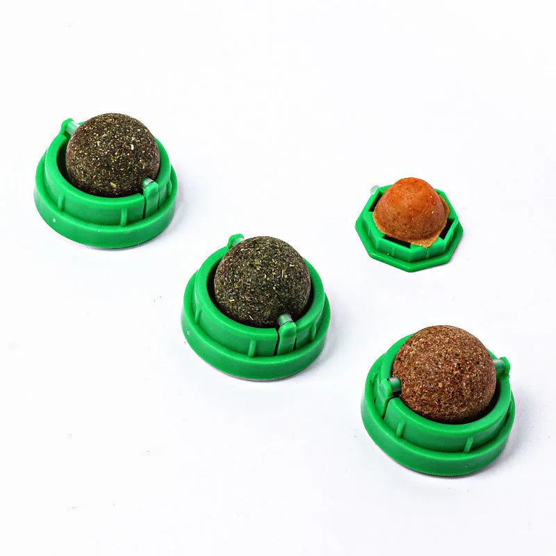 Plastic catnip ball toy in multiple colours with bite-resistant construction for dental care