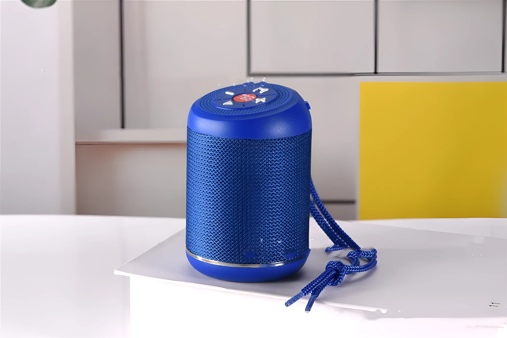 Portable outdoor Bluetooth subwoofer speaker in multiple colour options including black, blue, and camouflage.