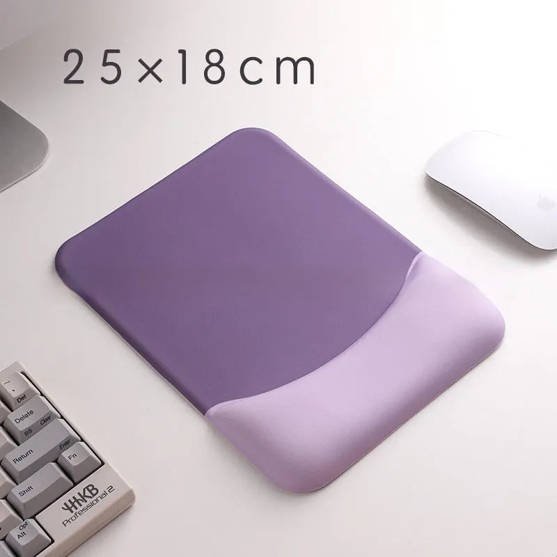 Square black silica gel wrist rest mouse pad with cloth surface on a desk.