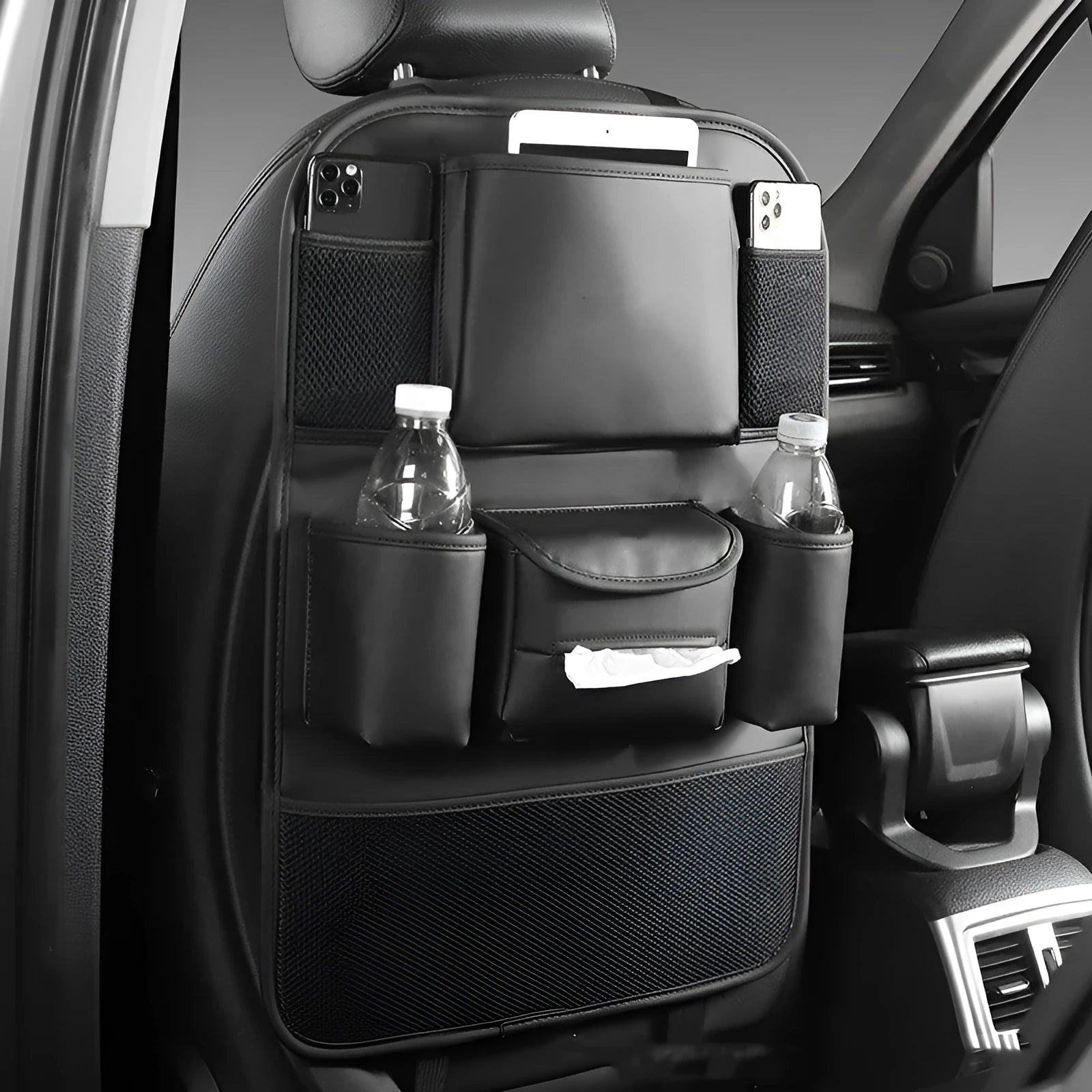 Leather car seat back storage bag in suspended design, shown in available colour options.