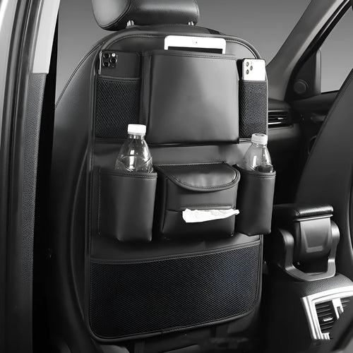 Leather car seat back storage bag in suspended design, shown in available colour options.