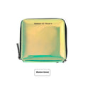 Short square folding wallet in glitter, blue, or green PU leather, showing 11cm size.