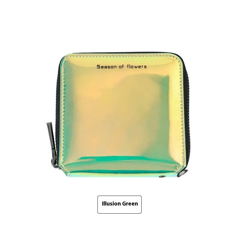 Short square folding wallet in glitter, blue, or green PU leather, showing 11cm size.