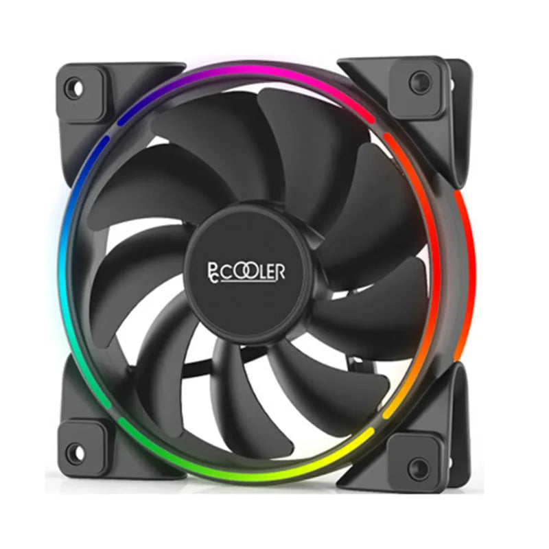 Three black 120mm RGB PC case fans with illuminated blades, shown as a set.
