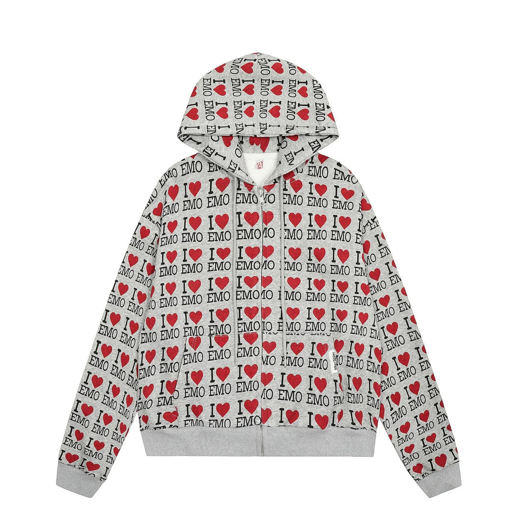 Women's melange grey cotton cardigan with hood and retro autumn pattern