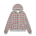Women's melange grey cotton cardigan with hood and retro autumn pattern