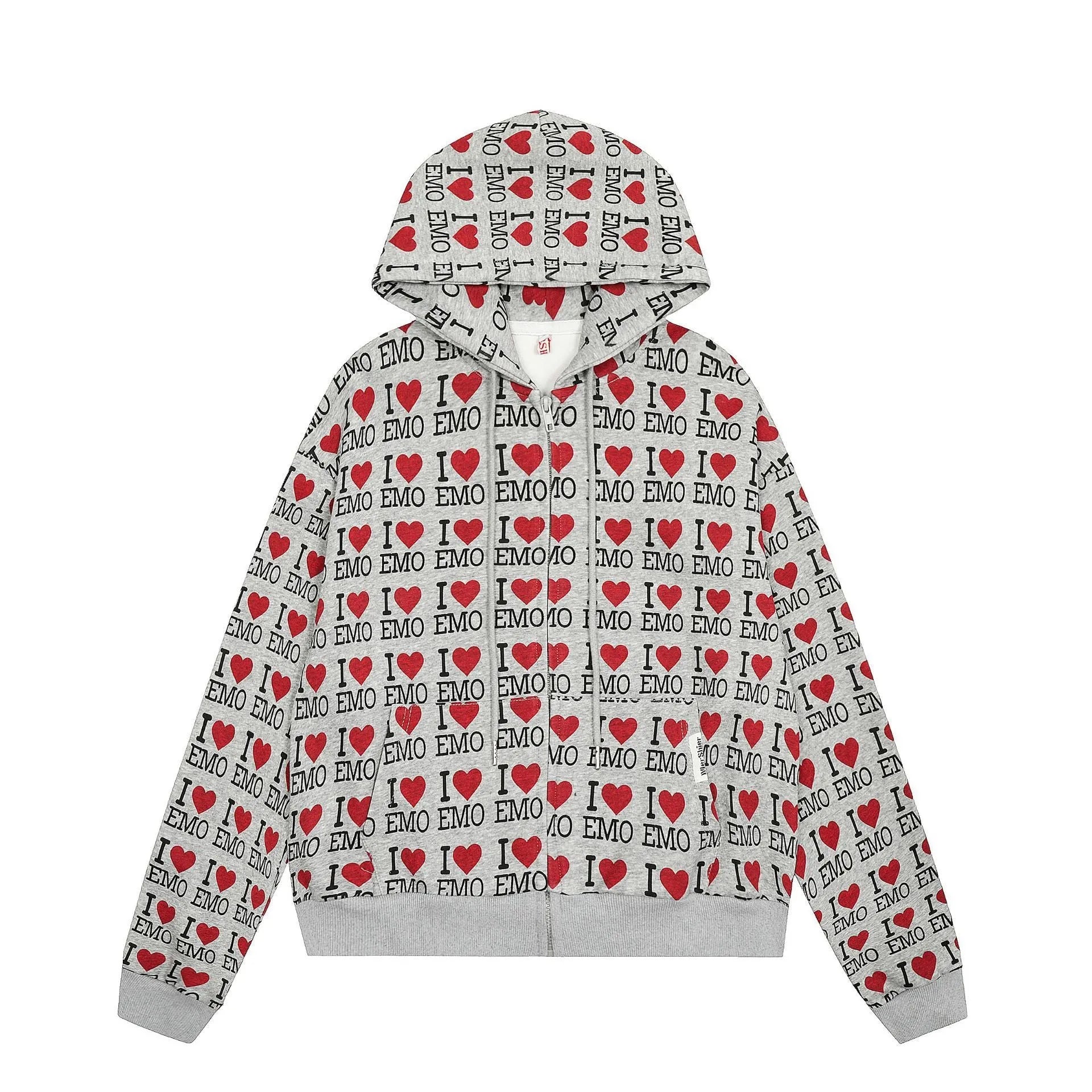 Women's melange grey cotton cardigan with hood and retro autumn pattern