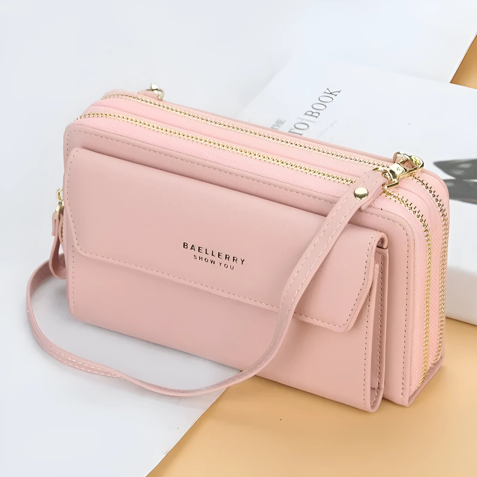 Ladies long wallet double zipper messenger bag in soft PU leather showing colour options