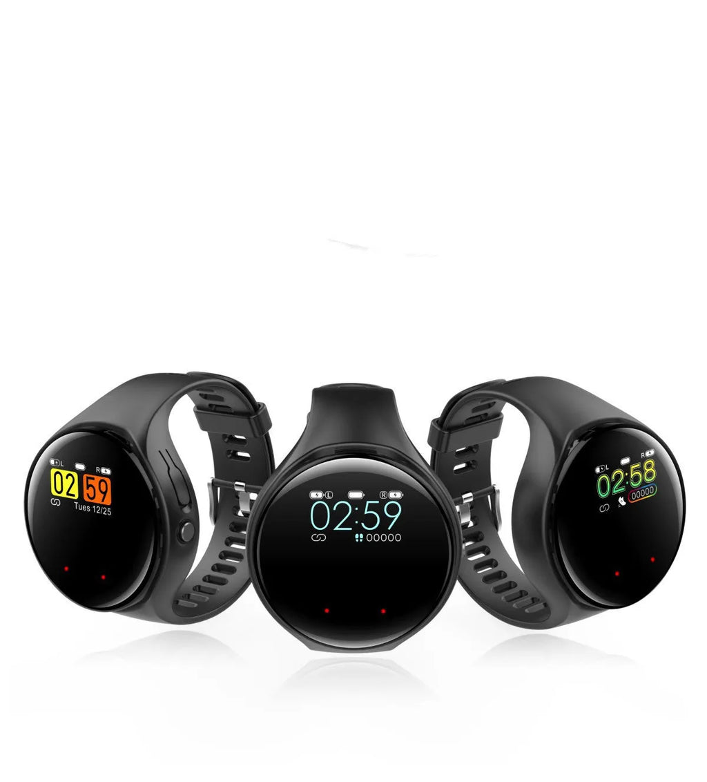 Black detachable smart bracelet and Bluetooth headset combo with colour screen and TWS earphones.