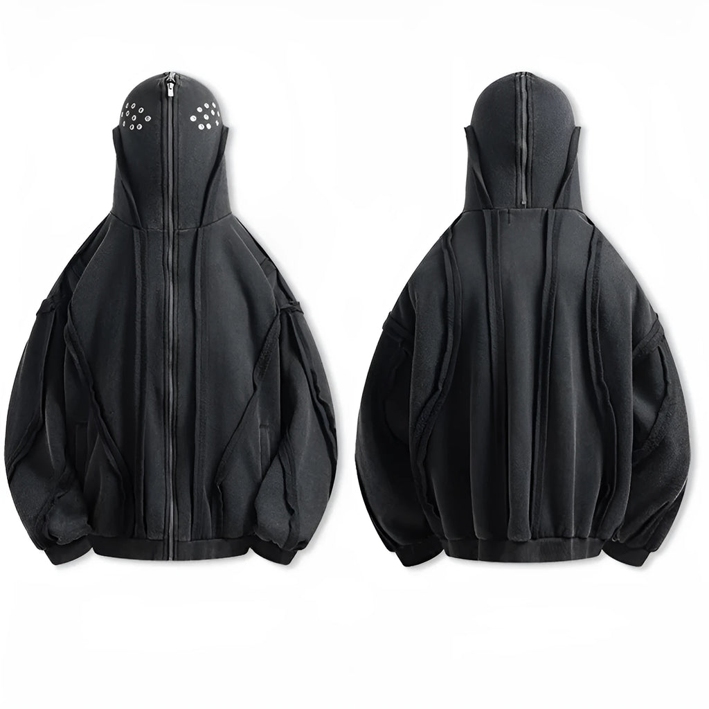 Black loose zip hooded coat with abstract pattern and padded cotton construction