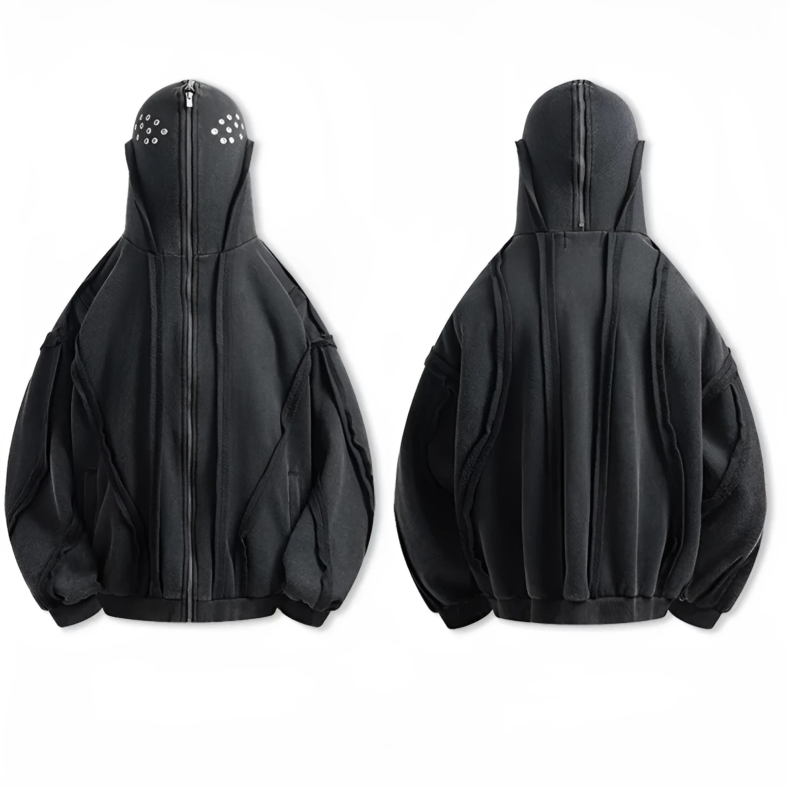 Black loose zip hooded coat with abstract pattern and padded cotton construction