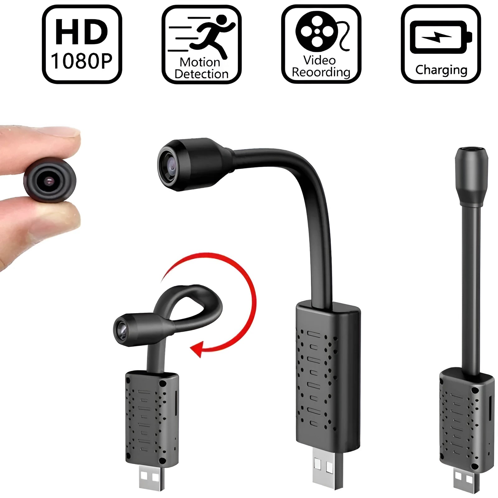 Black V380 wireless USB security camera on a table with night vision and two-way audio.