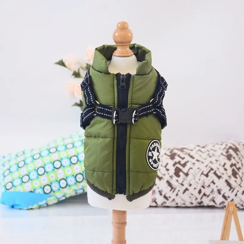 Waterproof dog coat with integrated harness in rain silk fabric available in red, navy blue, and army green colours