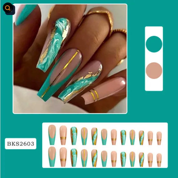 Ballet brand nail sticker set showing wave line, marble, glitter and green designs with jelly glue tubes