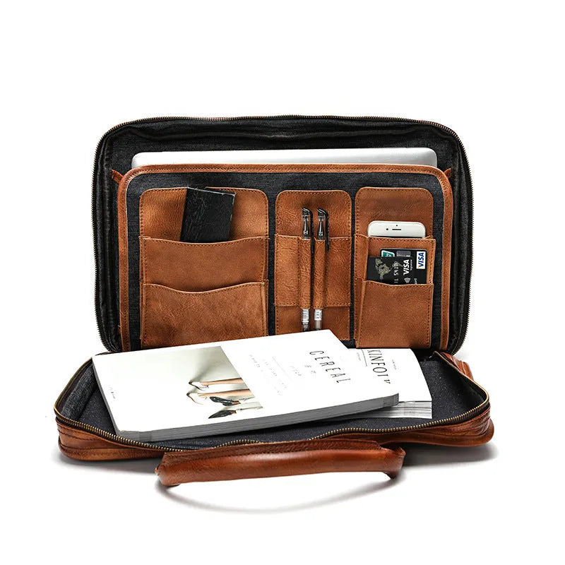 Men's black leather briefcase showing interior organisational pockets and compartments