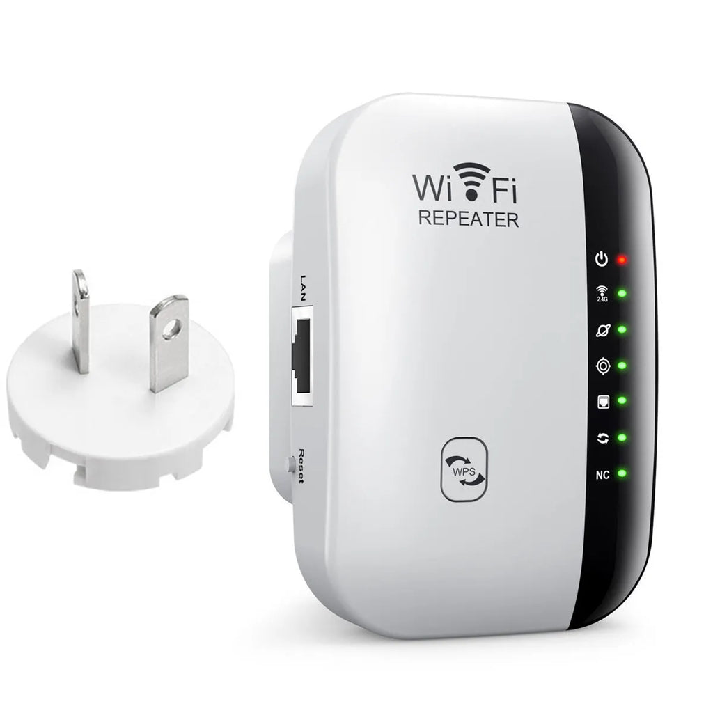 Black Wi-Fi range extender with WPS button plugged into a wall socket, model with UK plug