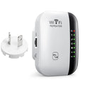 Black Wi-Fi range extender with WPS button plugged into a wall socket, model with UK plug