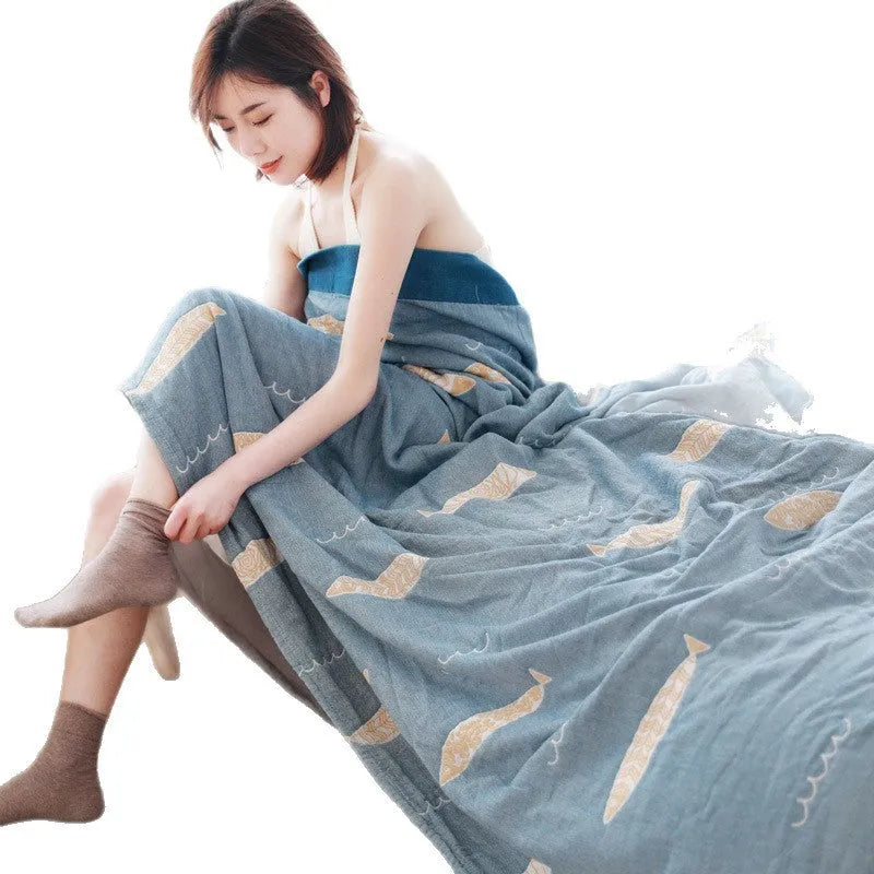 Roulette Wheel Blue five-layer gauze pure cotton blanket on bed showing modern simple pattern