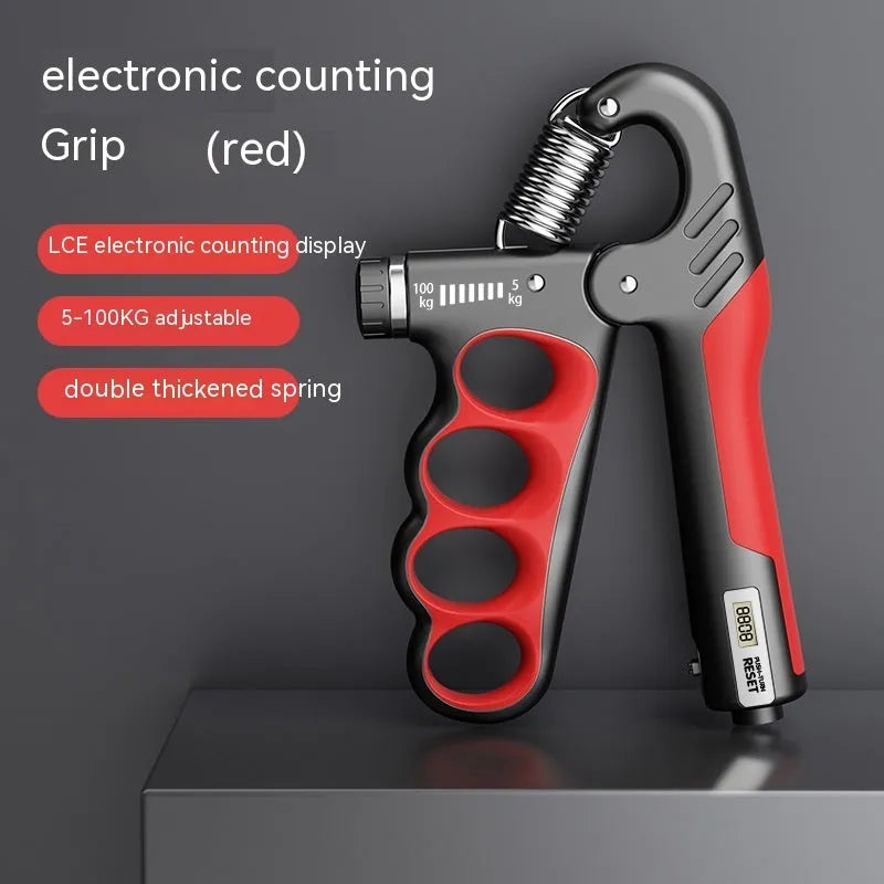Adjustable spring grip hand exerciser with electronic counter display in orange colour