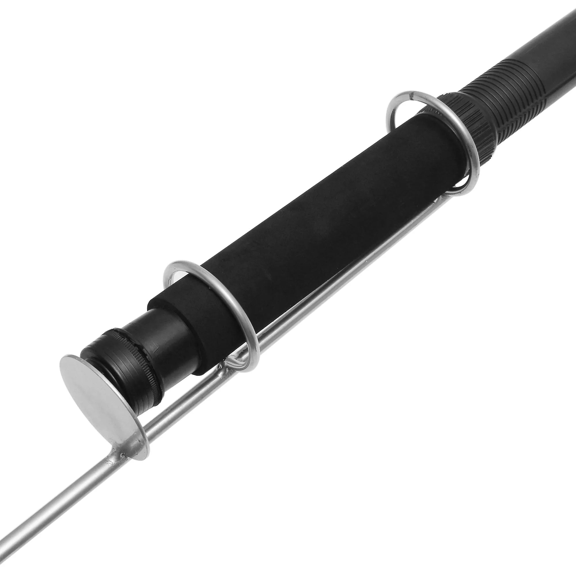 White LED fishing rod light with telescopic pole extended, showing remote control.