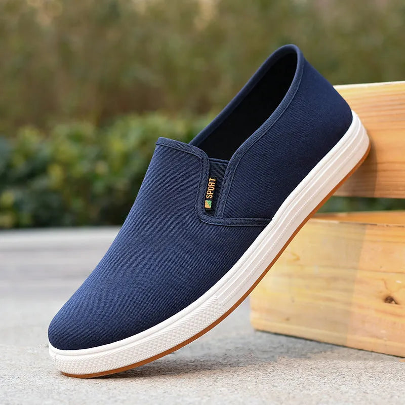 Men's low-top slip-on canvas shoes in black and blue, showing round toe and shallow cut.