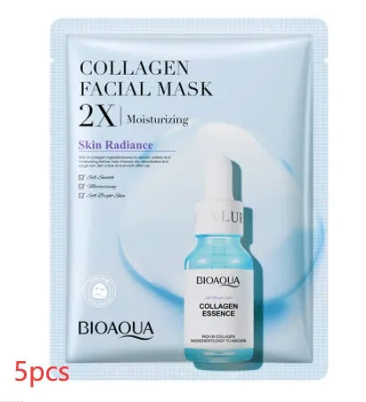 Single 30g collagen and hyaluronic acid gel sheet facial mask on a blue background.