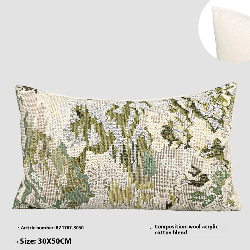 French style abstract pillow with spring flowers pattern in antique green colour