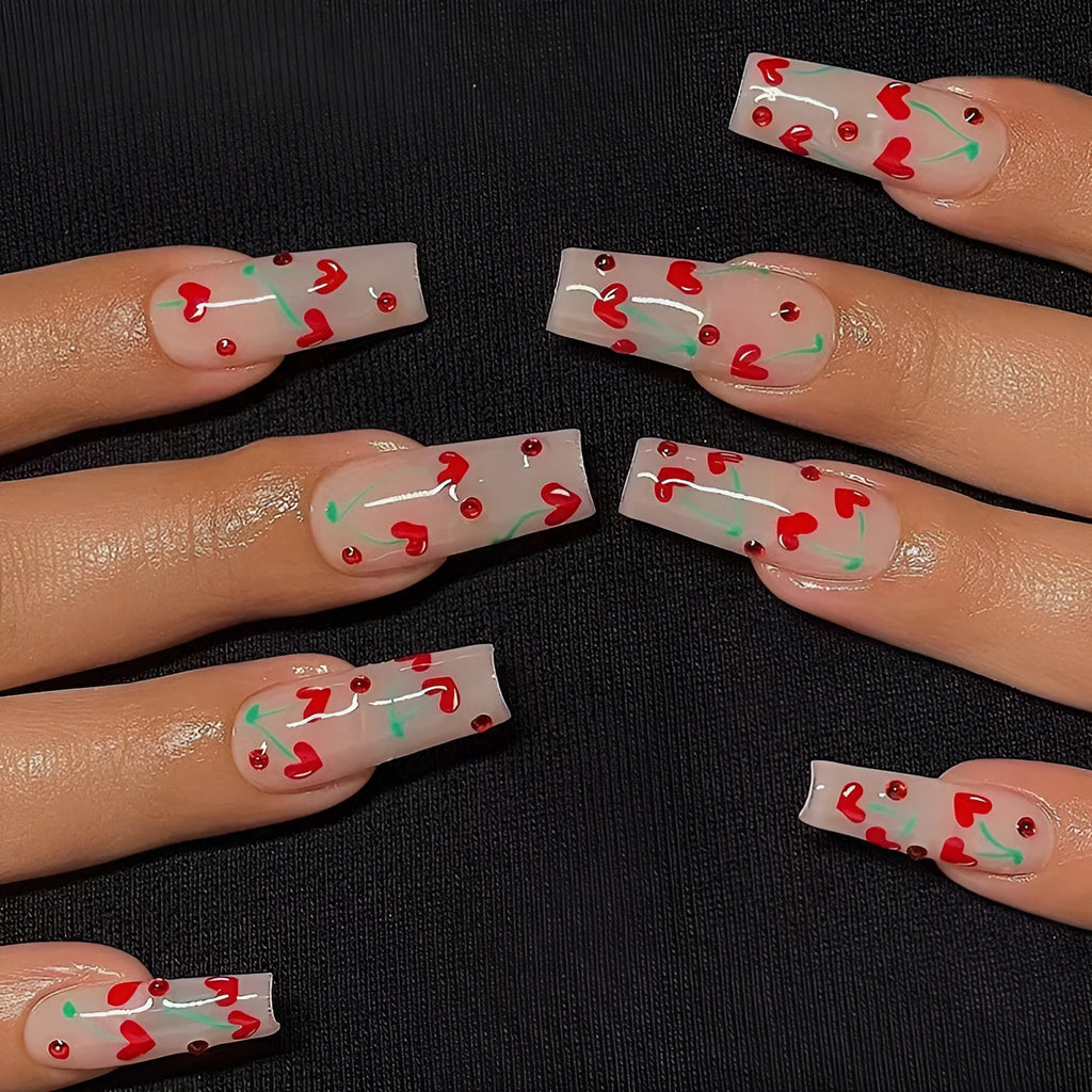 French Love red diamond and cherry design nail art stickers pack with 24 pieces and adhesive glue