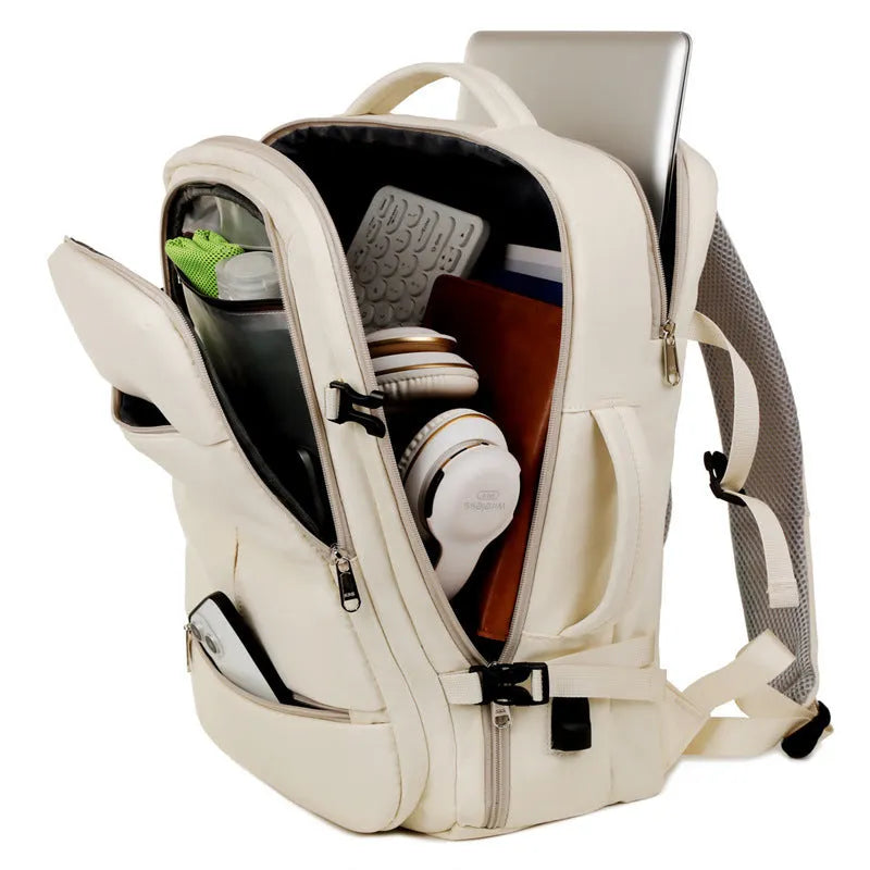 Large waterproof oxford cloth backpack for business travel with multiple pockets, shown in available colours.