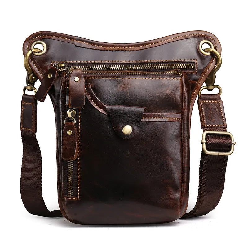 Men's brown Crazy Horse leather vintage satchel bag with top handle and crossbody strap.