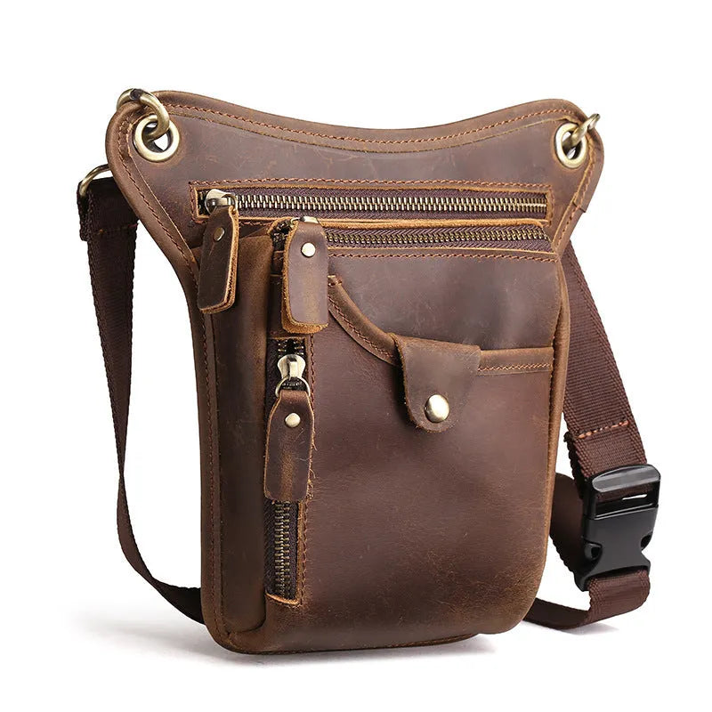 Men's brown Crazy Horse leather vintage satchel bag with top handle and crossbody strap.