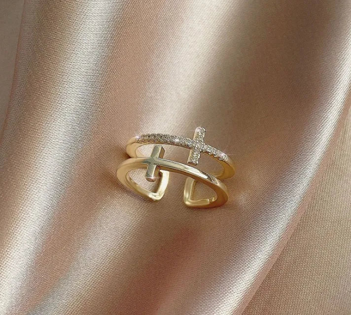 Adjustable copper open ring with zircon stones set in sterling silver inlay, white gold electroplated finish