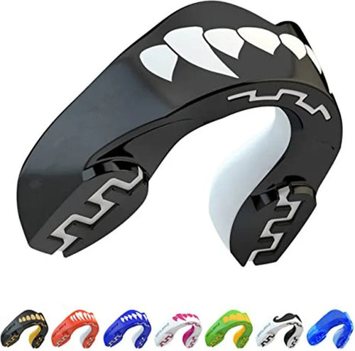 Adult boxing mouthguard with tooth socket-free design in black and white printed teeth pattern