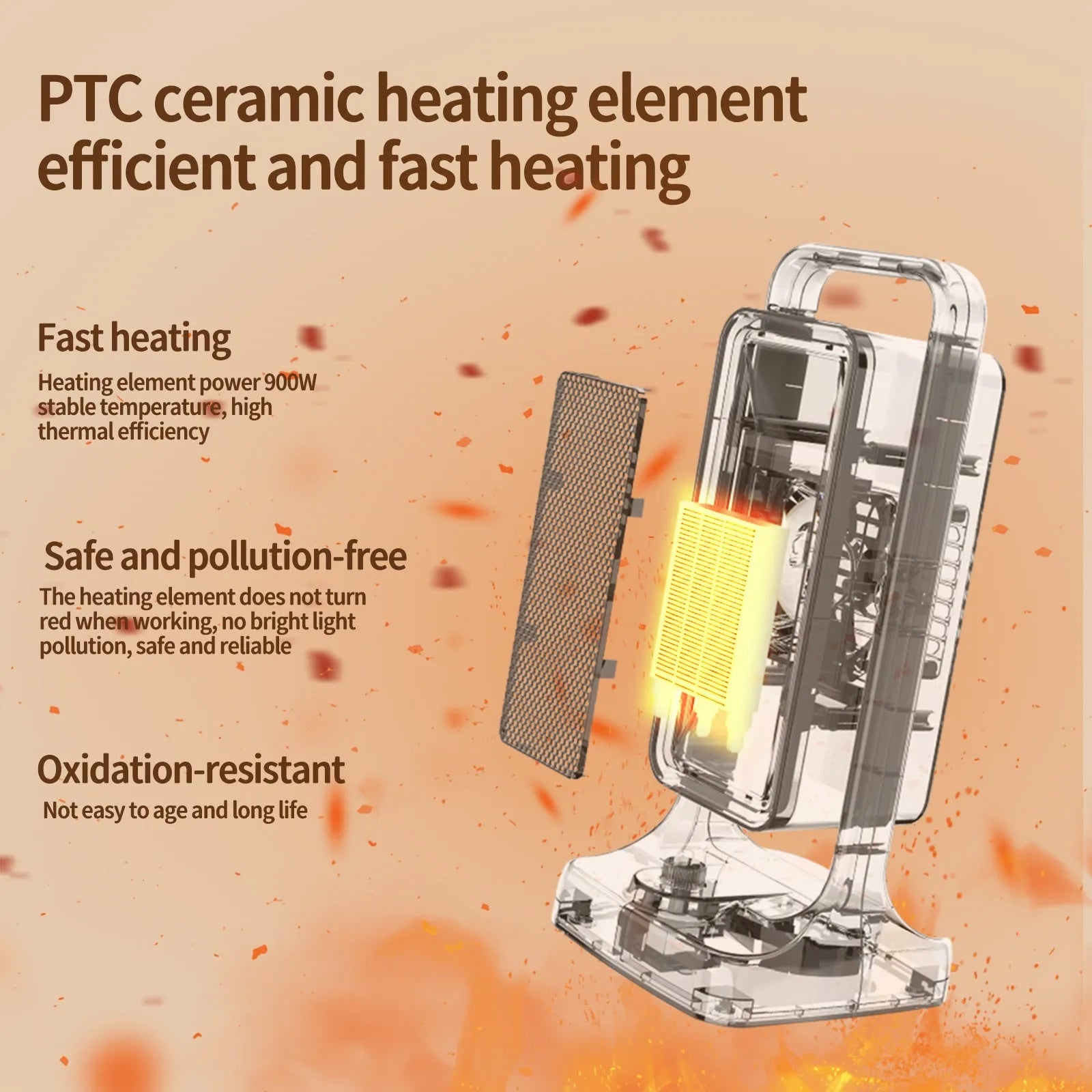 Black desktop PTC ceramic heater measuring 14.9cm wide with adjustable 500W-1000W output and three-speed fan