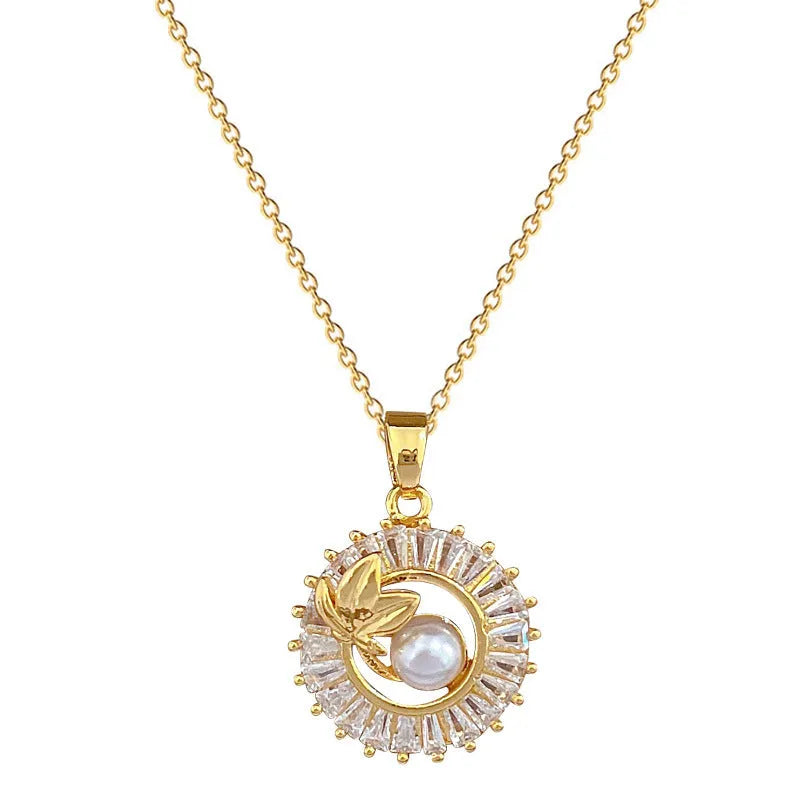 Women's geometric jewellery set showing necklace and earrings with ring and leaf designs in gold and silver tones