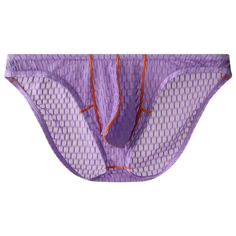Men's ice silk lace briefs in low waist design showing solid colour options