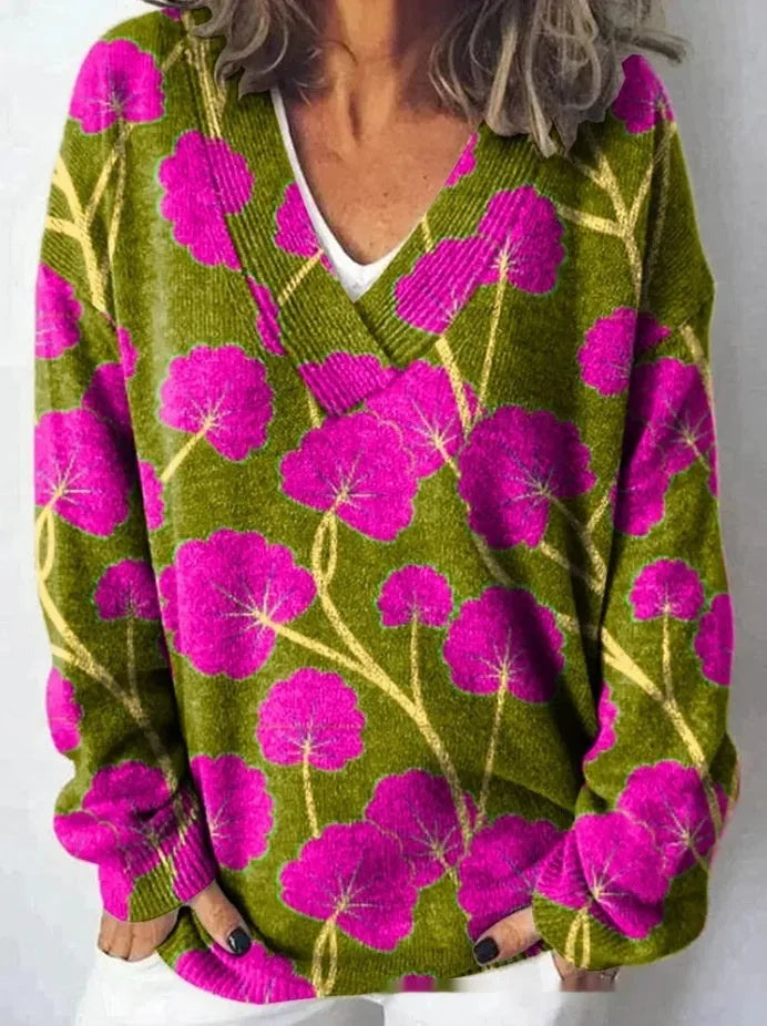 Women's V-neck sweatshirt with 3D floral pattern print and long sleeves