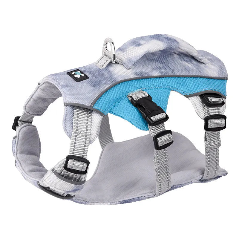 Reflective pet cooling chest strap in light blue colour with adjustable sizing options