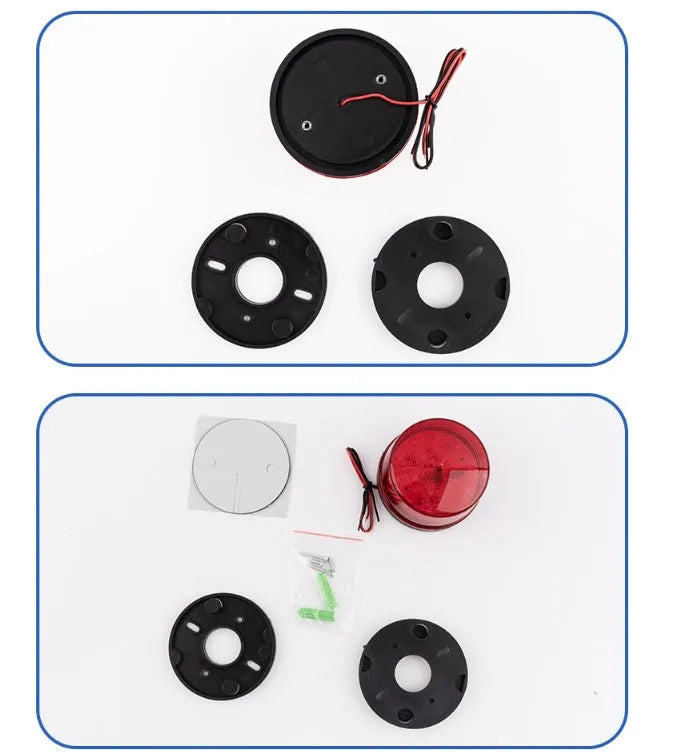 Small red 24V warning and alarm light with strobe flash and siren, model HC-79, on its mounting base.