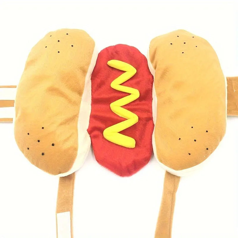 Hot dog costume for small to medium dogs and cats in stuffed design with three size options