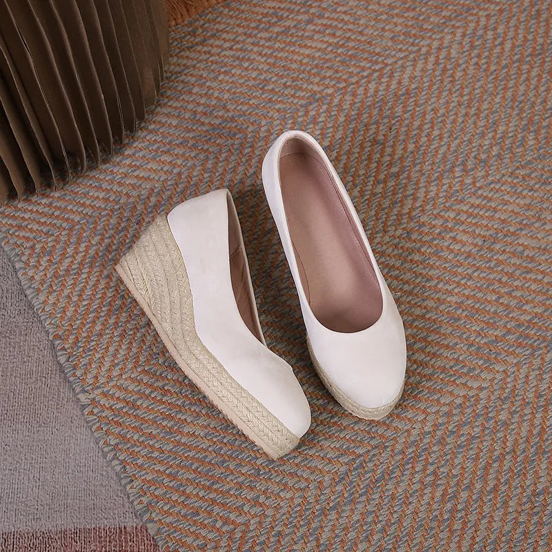 Women's wedge heel pumps with rope trim on shallow mouth and thick EVA sole
