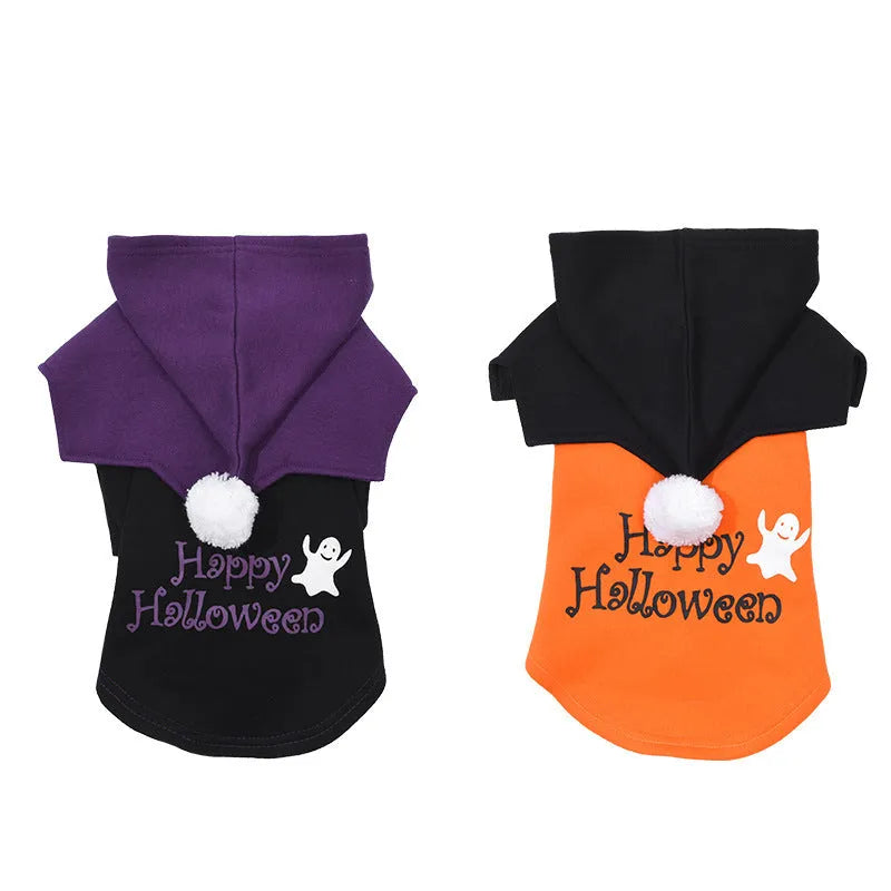 Halloween pumpkin theme two-piece dog costume with sweater and shawl in black and orange colours