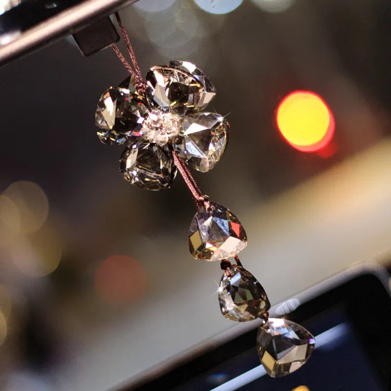 Crystal four leaf clover car pendant decoration measuring 20cm in transparent, champagne, black and shiny colours