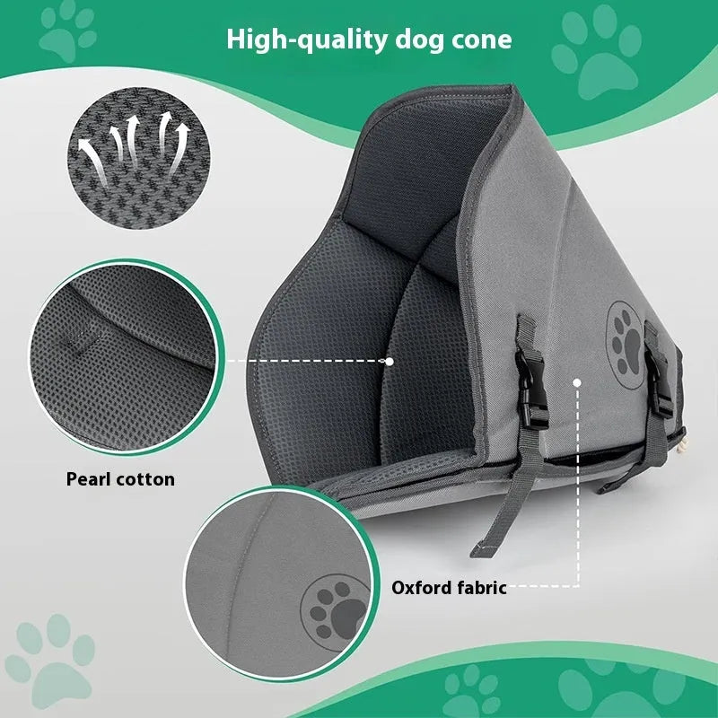 Soft white adjustable polyester collar for pet wound protection, shown next to a size label.