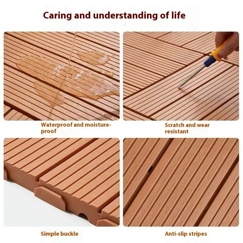 Pack of ten wood grain plastic floor tiles showing splicing edges and non-slip texture