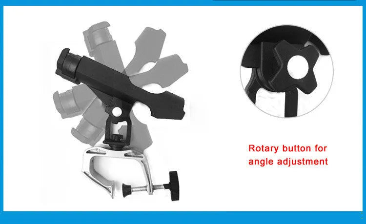 Black nylon plastic fishing rod holder with aluminium G clamp mount on boat rail, 360 degree adjustable, locking screw